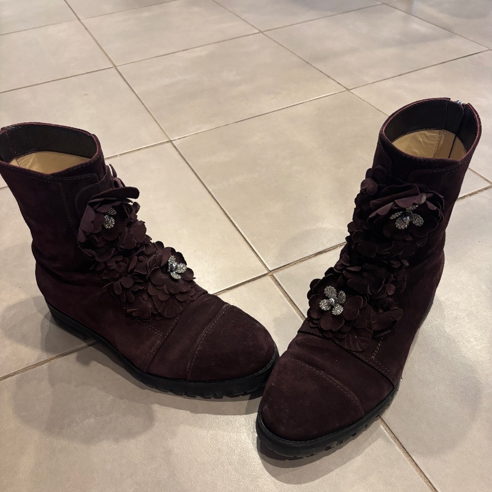 JIMMY CHOO WINE SUEDE BOOTS WITH CRYSTALS - SIZE 40
